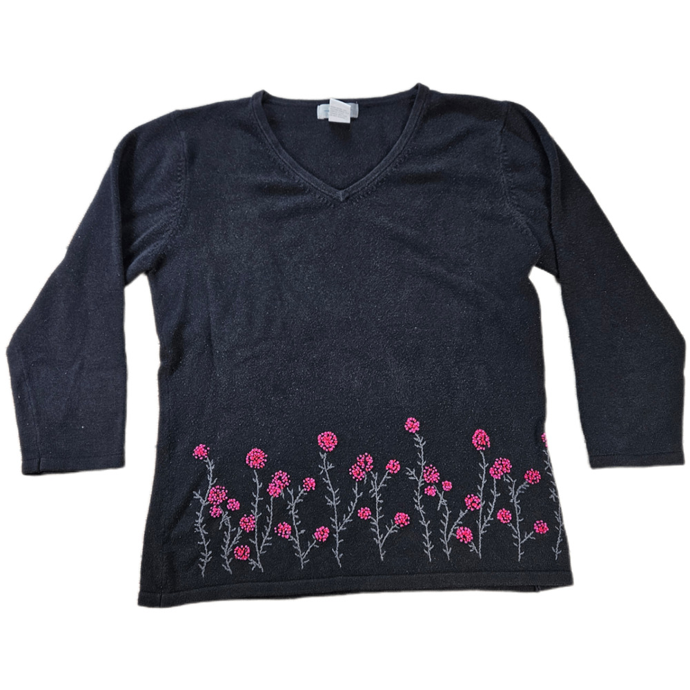 URBAN WORKS Women's Black Pink Floral V-Neck Knit Sweater Top Small Rayon Blend